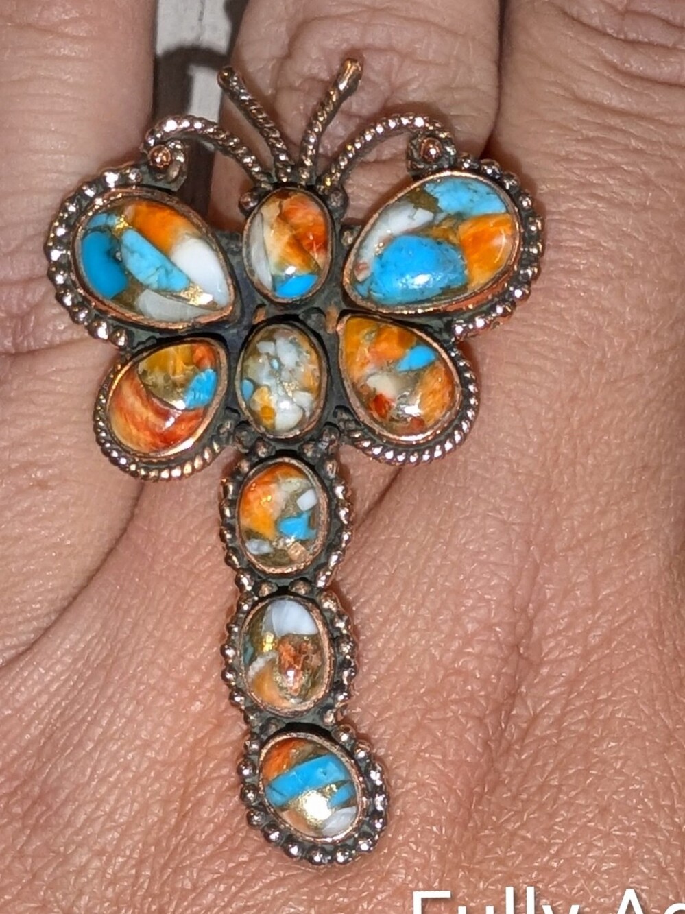 AWESOME DRAGONFLY Copper Ring With Turquoise & Spiny Oyster